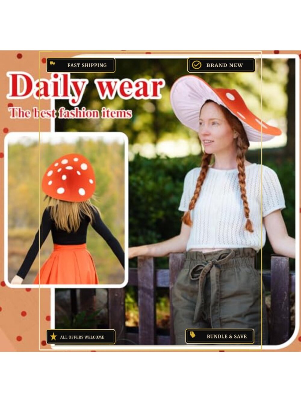 Mushroom Hat Costume 20 Inch Felt Polyester Oversized Cosplay Accessory - Picture 5 of 6